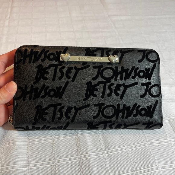 Betsey Johnson Handbags - Betsey Johnson Embossed Black Velvet Script Wallet w/ Silver Hearts Whimsigoth
